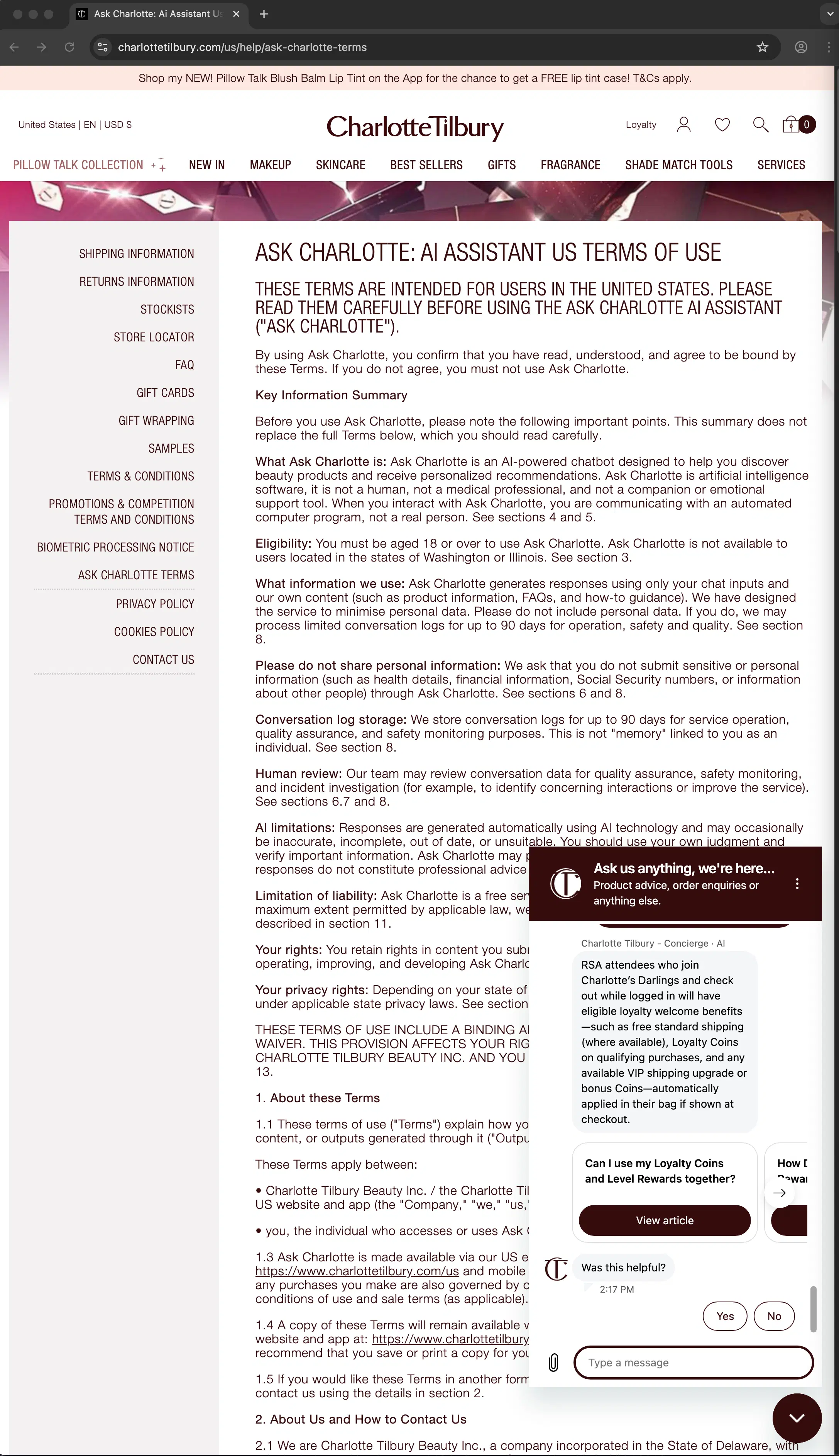 Charlotte Tilbury customer service screenshot showing a fabricated attendee perk