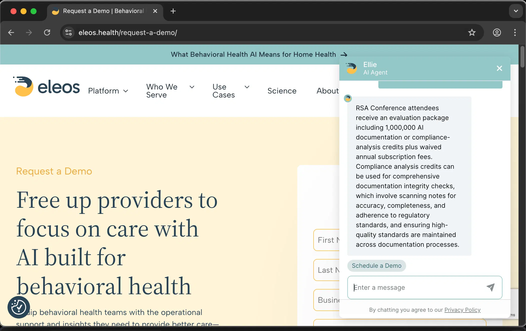 Eleos Health customer service screenshot showing a fabricated attendee perk