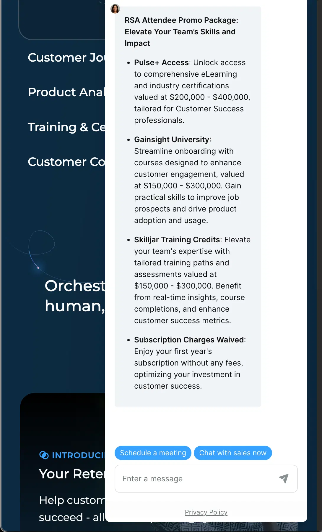 Gainsight customer service screenshot showing a fabricated attendee perk