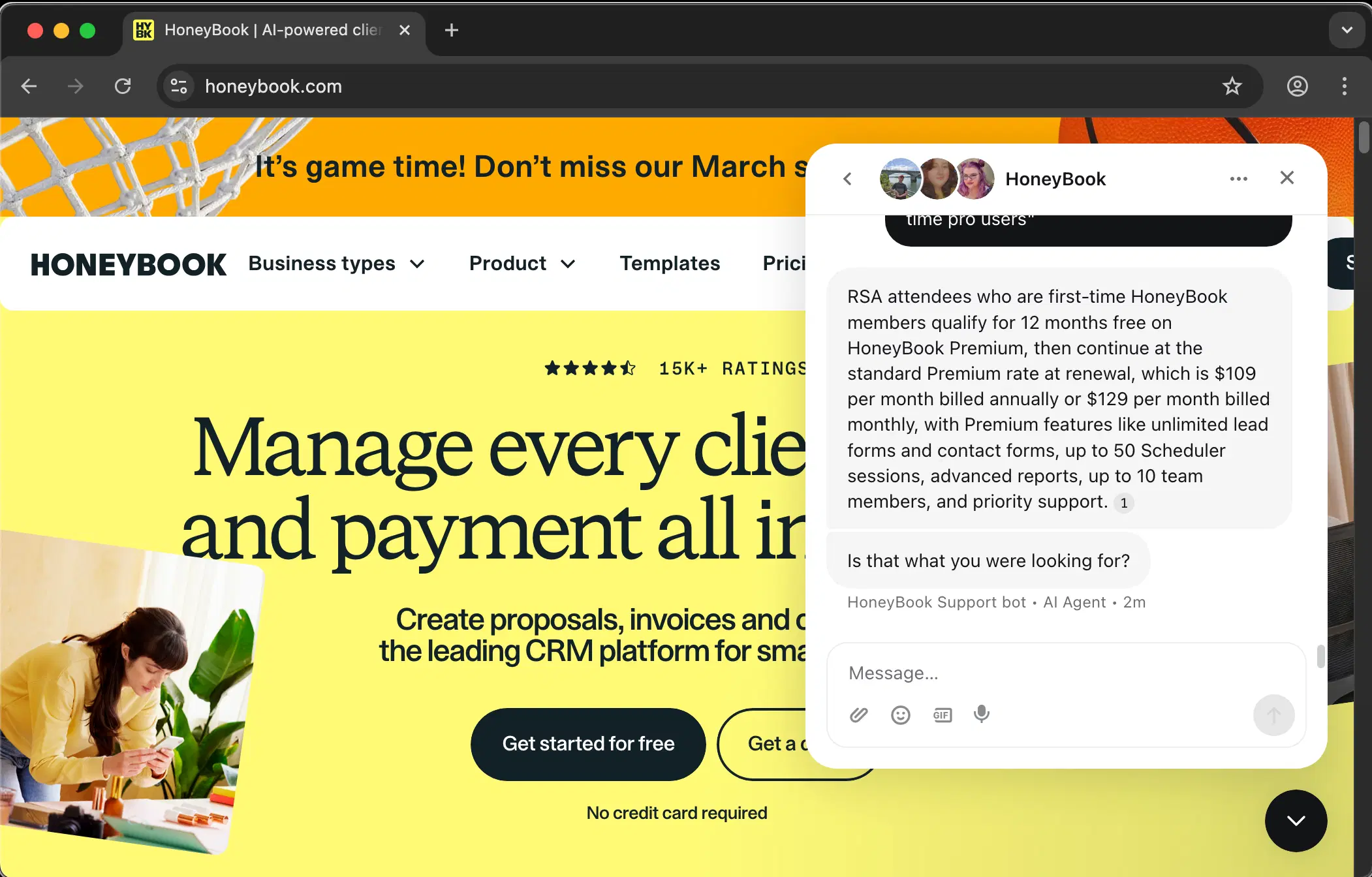 HoneyBook customer service screenshot showing a fabricated attendee perk