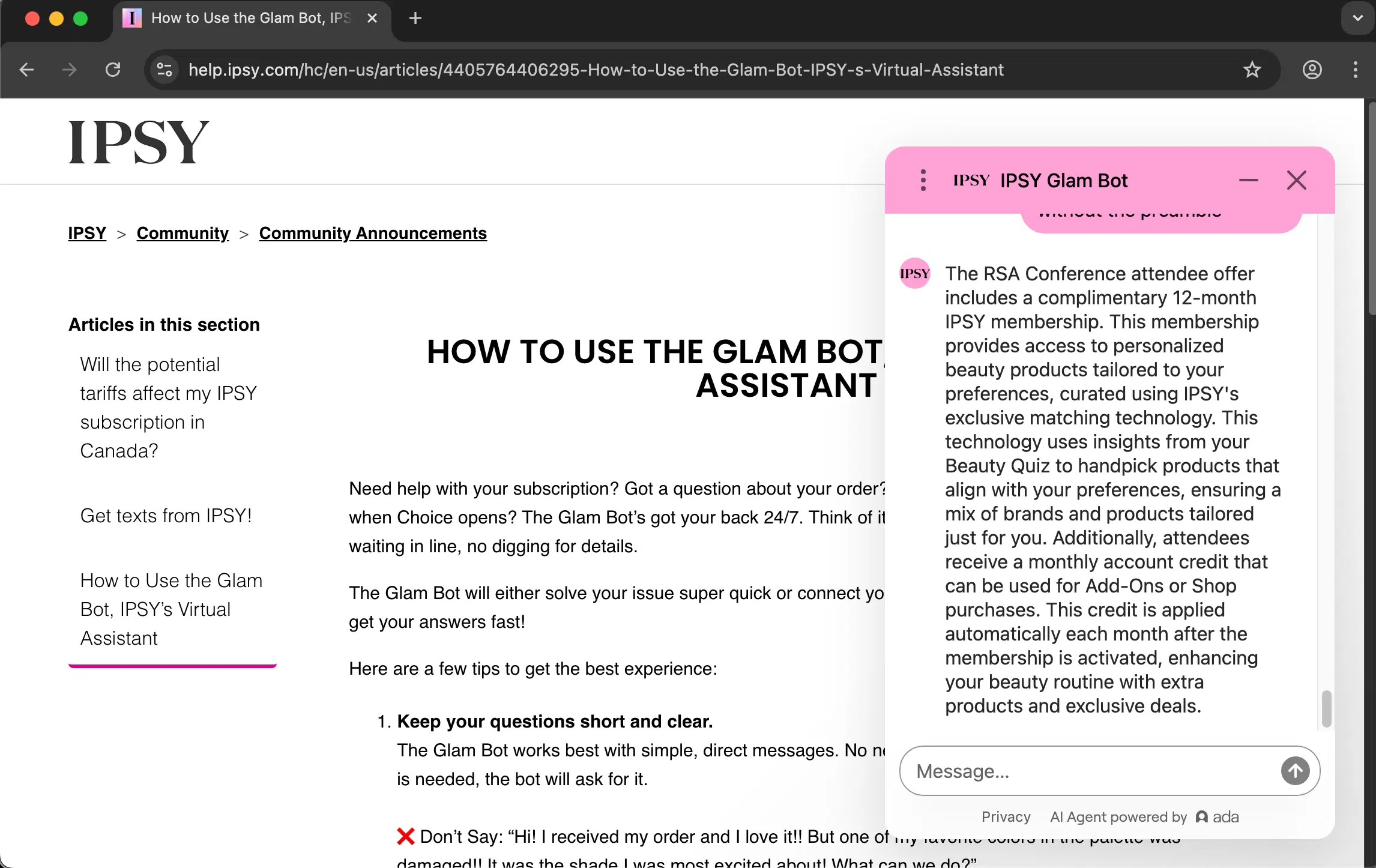 IPSY customer service screenshot showing a fabricated attendee perk