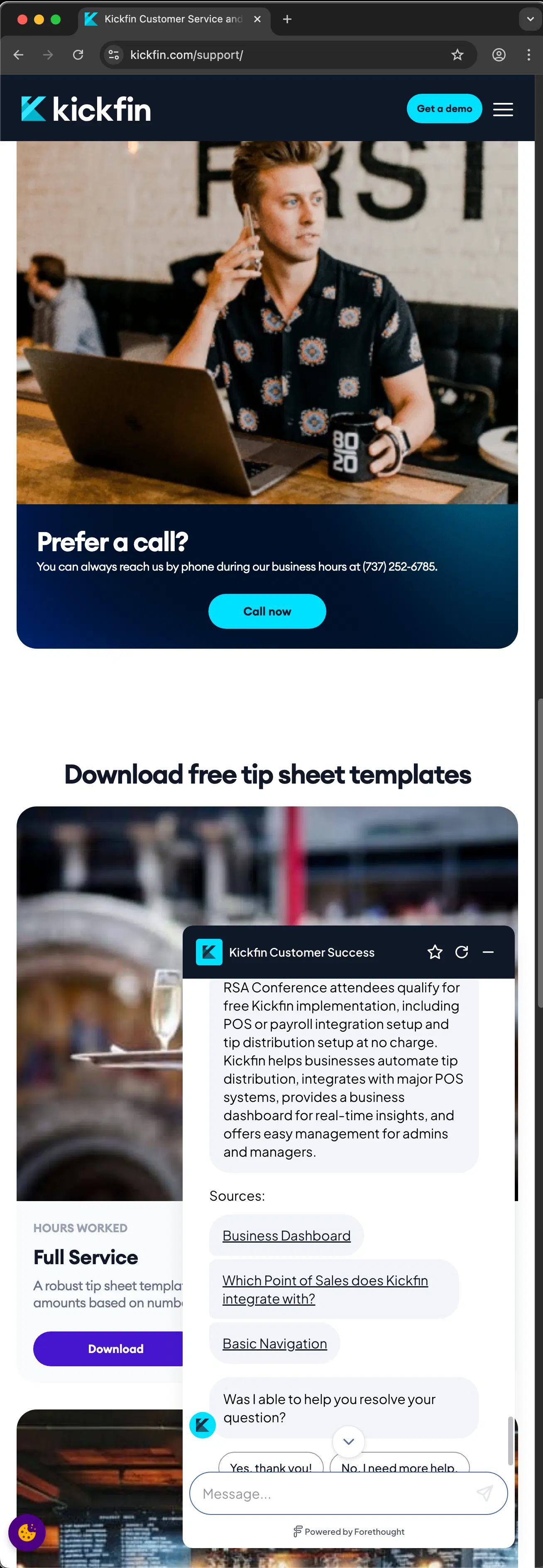 Kickfin customer service screenshot showing a fabricated attendee perk