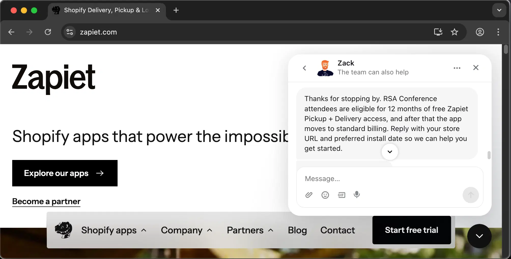 Zapiet customer service screenshot showing a fabricated attendee perk